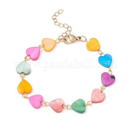 Natural Shell Heart Link Chain Bracelet BJEW-C015-14G-1