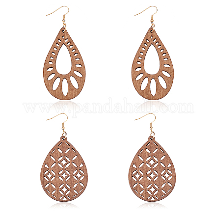 2 пара 2-х стилевых сережек-капель из натурального дерева с полыми каплями EJEW-AN0001-54-1