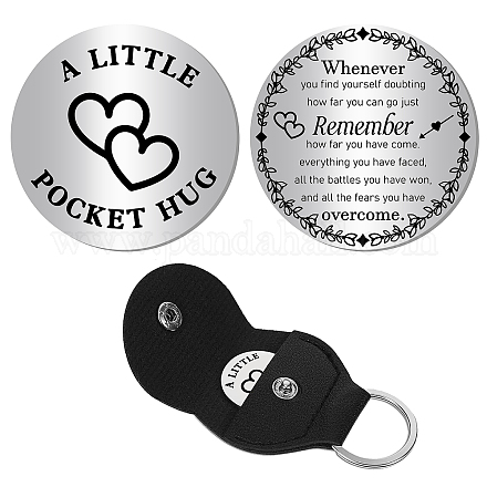 CREATCABIN Little Heart Pocket Hug Token Long Distance Relationship Keepsake Stainless Steel Double Sided Memorial Coin with PU Leather Clip Keychain for Family Friend Inspirational Gift 1.2 x 1.2Inch AJEW-CN0001-21-013-1