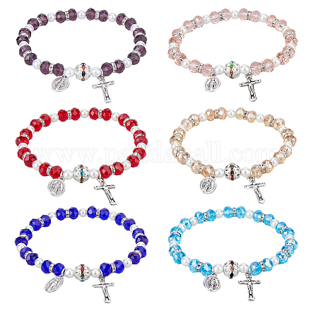 Fibloom 6 pz set di braccialetti elasticizzati con perline finte in vetro e acrilico in 6 colori BJEW-FI0001-37-1