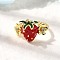 Brass Micro Pave Cubic Zirconia Cuff Rings, with Enamel, Real 18K Gold Plated, Strawberry, 14.5mm, Inner Diameter: Adjustable