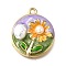 Alloy Enamel Pendants, with ABS Imitation Pearl, Flat Round with Flower, Rack Plating, Long-Lasting Plated, Lead Free & Cadmium Free & Nickel Free, Golden, Lilac, 24x20.5x6mm, Hole: 1.8mm