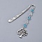 Alloy Bookmarks, with Glass Beads, Tree, Antique Silver, Sky Blue, 101.5mm