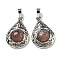 Natural Strawberry Quartz Pendants, Rack Plating Brass Hollow Teardrop Charms, Cadmium Free & Lead Free, Platinum, 29.5x19.5x7.5mm, Hole: 7.5x5mm