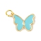 Brass Enamel Pendants, with Jump Ring, Cadmium Free & Nickel Free & Lead Free, Real 18K Gold Plated, Butterfly Charms, Turquoise, 16x12.5x2.5mm, Hole: 3mm