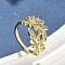 Brass Micro Pave Cubic Zirconia Cuff Rings for Women, Leaf, Real 18K Gold Plated, 14mm, US Size 6 3/4(17.1mm)