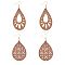 2 Pairs 2 Style Natural Wood Hollow Out Teardrop Dangle Earrings, Brass Jewelry for Women, Camel, 83.5~86.5mm, Pin: 0.6mm, 1 Pair/style