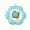 Dyed Natural White Jade Pendants, Stainless Steel Enamel Flower Charms, Real 18K Gold Plated, Cyan, 22x22x5.5mm, Hole: 1.4mm