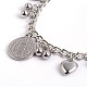 Heart & Flat Round 304 Stainless Steel Charm Bracelets BJEW-O108-15-2