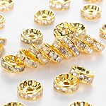 Abalorios de latón Diamante de imitación espaciador, Grado B, Claro, color metal dorado, tamaño: aproximamente 10 mm de diámetro, 4 mm de espesor, agujero: 2 mm