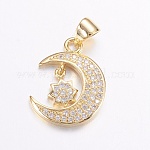 Brass Micro Pave Cubic Zirconia Pendants, Long-Lasting Plated, Real 18K Gold Plated, Moon, 18x14x2.5mm, Hole: 3.5x4mm