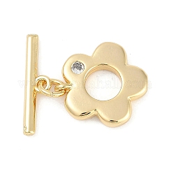 Fermoirs à bascule en laiton zircon cubique transparent, Sans cadmium & sans nickel & sans plomb, fleur, véritable 18k plaqué or, fleur: 14.5x14x2.5 mm, Trou: 1.2mm, bar: 17x4.5x2 mm, Trou: 1.4mm