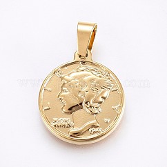 Colgantes de acero inoxidable 304, moneda, dorado, 21x18x3mm, agujero: 7x4 mm