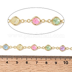 Красочные круглые латунные цепочки ручной работы с плоскими стеклянными звеньями&nbsp;CHC-K017-03G