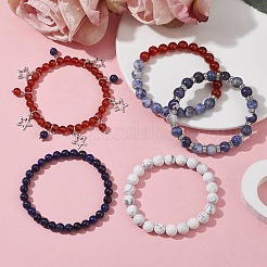 5 スタイルの天然混合宝石ラウンド ビーズ ストレッチ ブレスレット セット 5 個  スターアロイチャーム付きスタッカブルブレスレット  内径：2-1/8~2-1/2インチ（5.5~6.5cm）  1個/スタイル&nbsp;BJEW-TA00435
