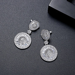 Плоские круглые серьги-гвоздики с подвесками из латунных кристаллов с микропаве из прозрачных кубических цирконий FS-WG7979A-01