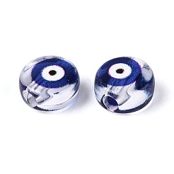 プリントされた透明アクリルビーズ  ナザールボンジュウ付きフラットラウンド  ダークブルー  7x4mm  穴：1.8mm&nbsp;TACR-T030-22B