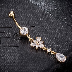 真鍮製キュービックジルコニアへそピアス  ベリーリング  304ステンレススチールバー付き  カドミウムフリー＆鉛フリー  18KGP本金メッキ  花と涙  透明  60x11mm  バー: 15 ゲージ (1.5mm)  バーの長さ: 3/8