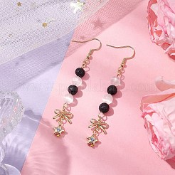 丸い天然溶岩石とセレナイトのダングルイヤリング  女性用スター＆蝶結び合金イヤリング  ゴールドカラー  74x12.5mm&nbsp;EJEW-JE05888