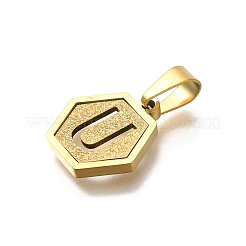 304ステンレススチールチャーム  18KGP本金メッキ  レターチャーム付き六角形  U字  15x14x1.5mm  穴：3x5.5mm&nbsp;STAS-H227-01G-U