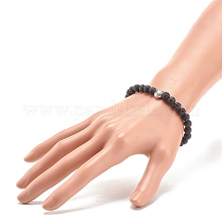 Bracciale elasticizzato in roccia lavica naturale con perline di gatto in lega&nbsp;BJEW-JB08309-01