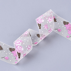 Rubans organza en polyester imprimé fleur&nbsp;ORIB-Q035-06