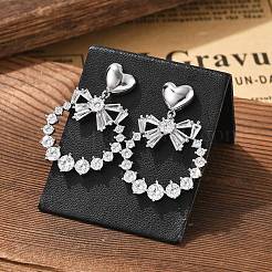 真鍮クリアキュービックジルコニアスタッドピアス  スターリングシルバー針925本  プラチナ  蝶結び  30x22mm&nbsp;EJEW-D301-06P-01