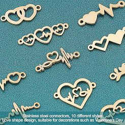 10個 10スタイル 304 ステンレススチールリンクコネクター  レーザー切断  鳥とハートビートとハート  ゴールドカラー  1個/スタイル&nbsp;STAS-UN0028-52