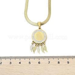 Ожерелья с подвеской в виде пера из нержавеющей стали 201 с плоским круглым кубическим цирконием&nbsp;NJEW-H055-02G