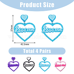 4 пара двухцветных акриловых сережек-гвоздиков в форме сердца с надписью «Поцелуй меня» EJEW-FI0002-34