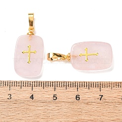 天然石ローズクォーツペンダント  真鍮製の金具と304ステンレススチール製のカボションを使用  ゴールドカラー  十字模様のチャーム付き長方形  23~23.5x13~13.5x3.5~4mm  穴：7.5x4mm&nbsp;G-G461-06G-08
