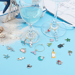18個入りDIYオーシャンスタイルガラスチャームキット  真鍮ワイングラスチャームリングを含む  合金エナメルペンダントと鉄丸カン  ミックスカラー  20ゲージ  25x0.8mm&nbsp;DIY-SC0014-94