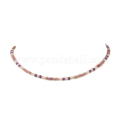 天然ロードナイトのファセットカットラウンドビーズネックレス  ゴールドカラー  15.35インチ（39cm）&nbsp;NJEW-JN06430-04