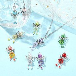 50個10スタイルの手作りシードビーズペンダント  天使のペンダント  合金の羽とアクリルの花ビーズ付き  ミックスカラー  40mm  穴：2.5mm  5個/スタイル&nbsp;PALLOY-CJ00084