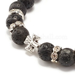 Bracciale elastico tondo in pietra lavica naturale con perline in lega&nbsp;BJEW-JB07459