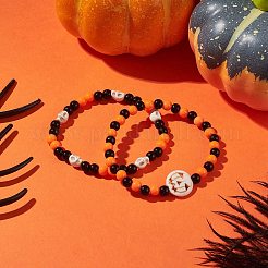ハロウィン スカル & パンプキン ジャック オー ランタン 合成ターコイズ (染色) ストレッチ ブレスレット セット  女性用アクリルビーズブレスレット  オレンジ  内径：2-1/8インチ（5.3cm）  2個/セット&nbsp;BJEW-JB09198