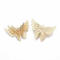 真鍮キュービックジルコニアチャーム  ニッケルフリー  蝶  透明  18KGP本金メッキ  27x35x6mm  穴：1.2mm&nbsp;X-KK-T050-49G-NF