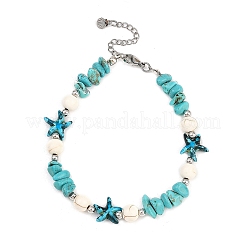 Браслеты на лодыжку с синтетическими морскими звездами цвета окрашенной бирюзы и бусинами AJEW-AN00733-02