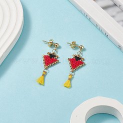 Плетеный треугольник из стеклянных косточек с хлопковой кисточкой серьги-гвоздики с подвесками&nbsp;EJEW-MZ00043