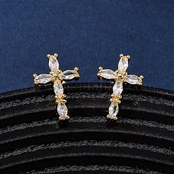 Серьги-гвоздики в форме креста с микропаве из прозрачных кубических цирконий из латуни&nbsp;EJEW-K267-41G