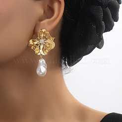 合金とプラスチックのパールダングルスタッドピアス  花  ゴールドカラー  60x34mm&nbsp;WG9F210-01