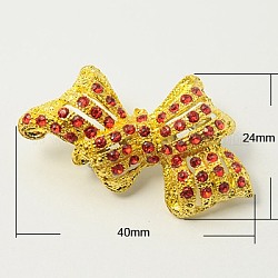 Fashion Alloy Bowknot Brooches, with Rhinestones and Iron Findings, Golden Metal Color, Red, 40x24mm, Pin: 0.8mm