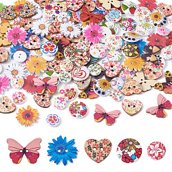 2-Hoyo botones de madera impresos, para coser manualidades, teñido, flor y corazón y mariposa y plano redondo, color mezclado, 15~25x2~4mm, agujero: 1.4~2 mm, aproximamente 300 PC / sistema