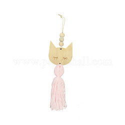 Nordic Wooden Beads Tassel Wall Hanging Ornament, Cartoon Cat Kids Room Wall Hanging Decoration, Misty Rose, 300mm