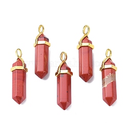 Pendentifs pointus en jaspe rouge naturel, avec pendentif en laiton aléatoire bails à capuchon hexagonal, or, balle, 38.5~40x12~12.5x10~11mm, Trou: 3x4.5mm