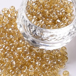 Perles de rocaille en verre, trans. couleurs lustered, ronde, verge d'or pale, 4mm, Trou: 1.5mm, environ 500 pcs/50 g, 50 g / sac, 18 sacs/2 livres