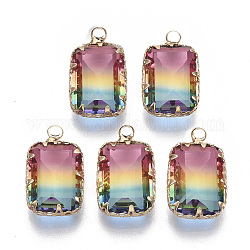 K9 Glass Pendants, Imitation Tourmaline, with Golden Tone Brass Findings, Faceted, Rectangle, Colorful, 18~19x10.5x6mm, Hole: 2mm