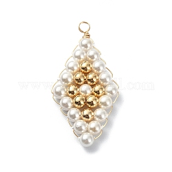 Pendenti di perle di perle di grado a conchiglia rotonda, charms a rombo con filo di rame avvolto e perline in ottone,  piombo & cadmio & nichel libero, oro, 38x19x4mm, Foro: 3 mm