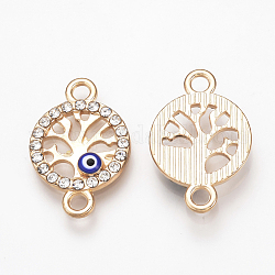 Alloy Rhinestone Links connectors, Enamel Style, Flat Round with Tree of Life and Evil Eye, Blue, Light Gold, 21x14x3mm, Hole: 2mm