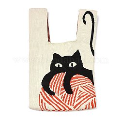 Mini borse tote in maglia di poliestere, Borsa portapranzo a mano all'uncinetto, forma di gatto, 34x19.5x2.1cm